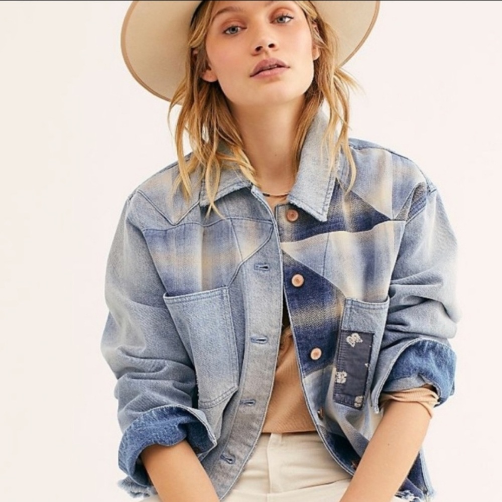 We The Free Patchwork Raw Hem Denimf Jacket